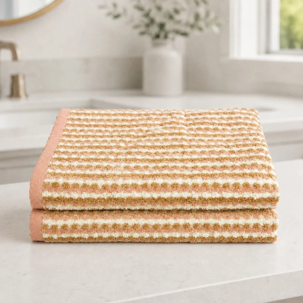 Cannon Classic Bath Towel Pink Tan White Striped Weave Cotton Blend Set of 2